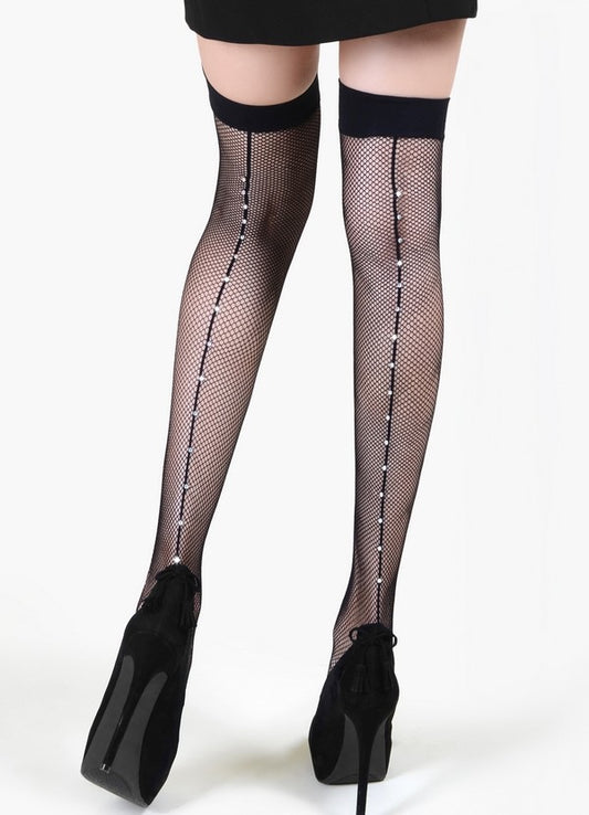 Lady's Backseam Rhinestones Thigh High Fishnets